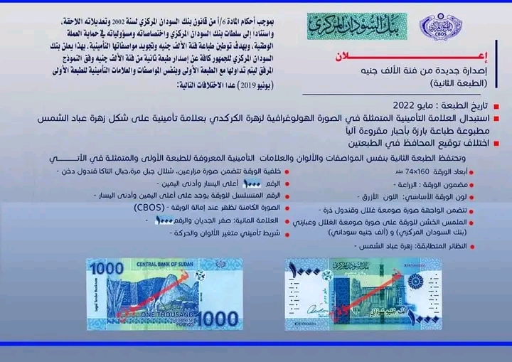 بنك السودان المركزي يعلن عن طبعة ثانية لفئة الالف جنيه. 1 المسار نيوز بنك السودان المركزي يعلن عن طبعة ثانية لفئة الالف جنيه.