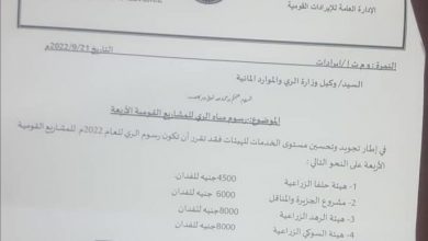 قرار من المالية يحدد رسوم مياه الري للمشاريع الزراعية القومية 5 المسار نيوز قرار من المالية يحدد رسوم مياه الري للمشاريع الزراعية القومية