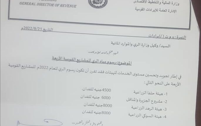 قرار من المالية يحدد رسوم مياه الري للمشاريع الزراعية القومية 1 المسار نيوز قرار من المالية يحدد رسوم مياه الري للمشاريع الزراعية القومية